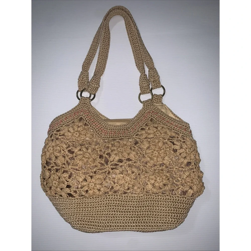 The Sak Crochet Hobo Shoulder Bag Boho Purse Floral Tan Chic Beach Summer Casual